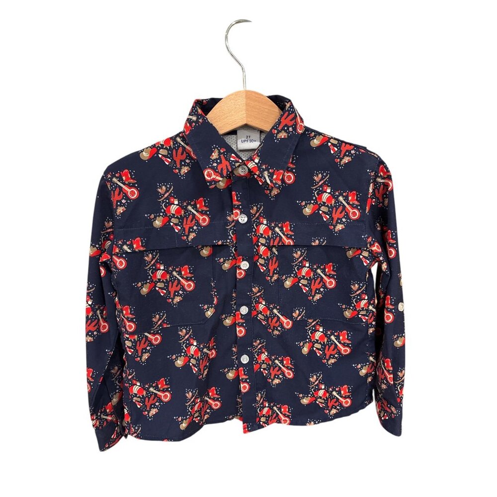 BlueQuail Toddler Boys Navy Button-Up Shirt W/ Holiday Print UPF 50+ Long Sleeve